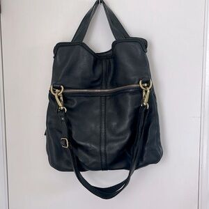 FOSSIL | Black Leather Tote Bag with Handles & Adjustable Straps Gold Hardware